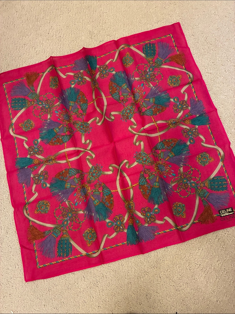 Vintage Celine Paris Tassel & Jewel Print Cotton Handkerchief Bandana Scarf👝